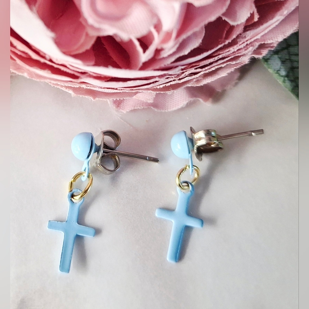 Vintage 80s ✝️🩵Blue Cross Earrings